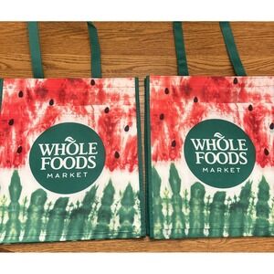 Set Of 2 Whole Foods Market Reusable Bag Watermelon Large Washable Pocket Summer